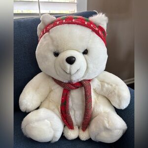 Marshall Field’s Mistletoe Bear, 17” White Stuffed Plush, Vintage 1980s